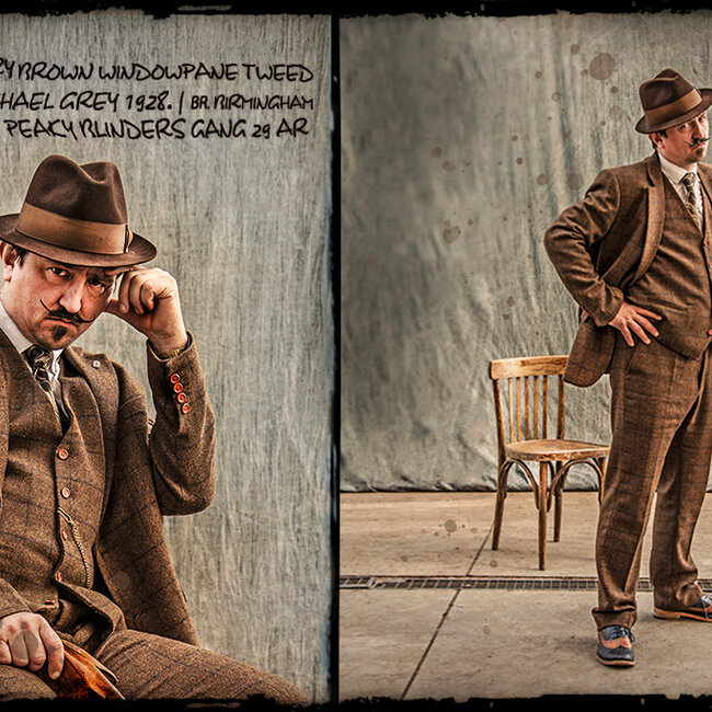 Men's tailored suit | 3-piece suit | brown Windowpane tweed | Michael Gray | Peaky Blinders