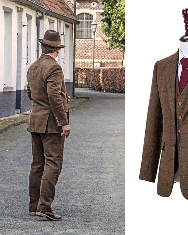 Men's tailored suit | 3-piece suit | brown Windowpane tweed | Michael Gray | Peaky Blinders