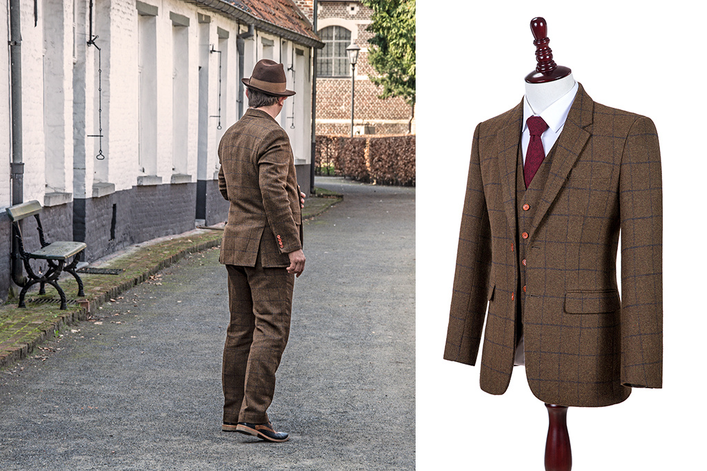 Men's tailored suit | 3-piece suit | brown Windowpane tweed | Michael Gray | Peaky Blinders