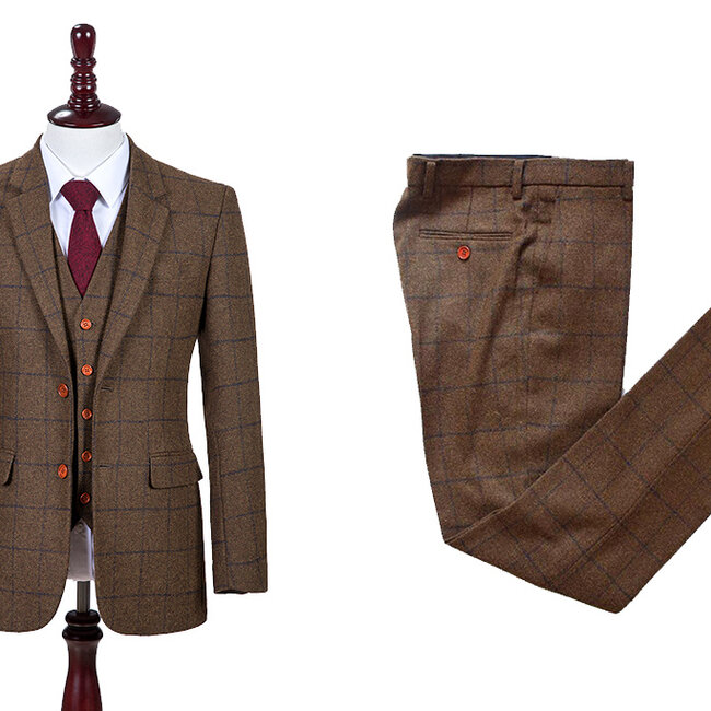 Men's tailored suit | 3-piece suit | brown Windowpane tweed | Michael Gray | Peaky Blinders
