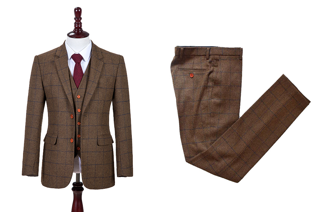 Men's tailored suit | 3-piece suit | brown Windowpane tweed | Michael Gray | Peaky Blinders