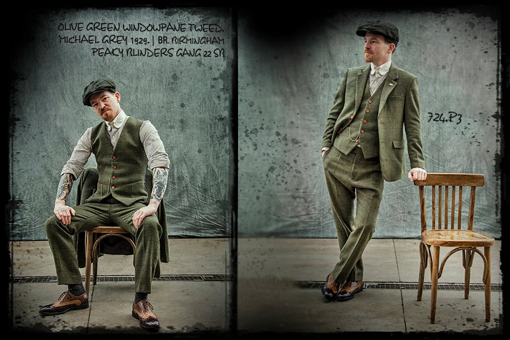 3-piece tweed suit Olive Green Windowpane