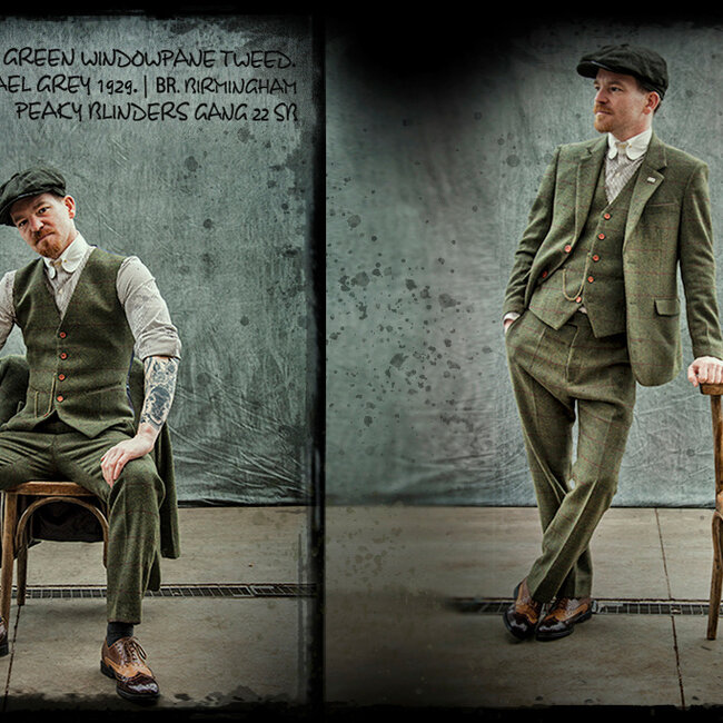 Costume sur mesure pour homme | costume 3 pièces | tweed Windowpane vert olive | Michael Gray | Peaky Blinders