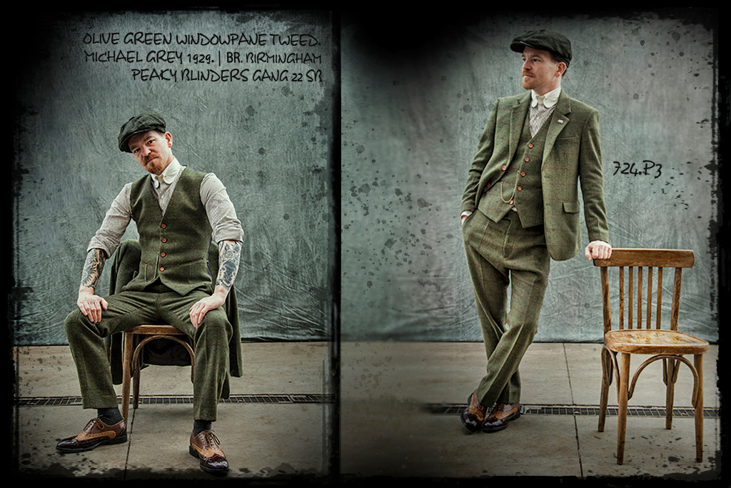 Men's tailored suit | 3-piece suit | olive green Windowpane tweed | Michael Gray | Peaky Blinders
