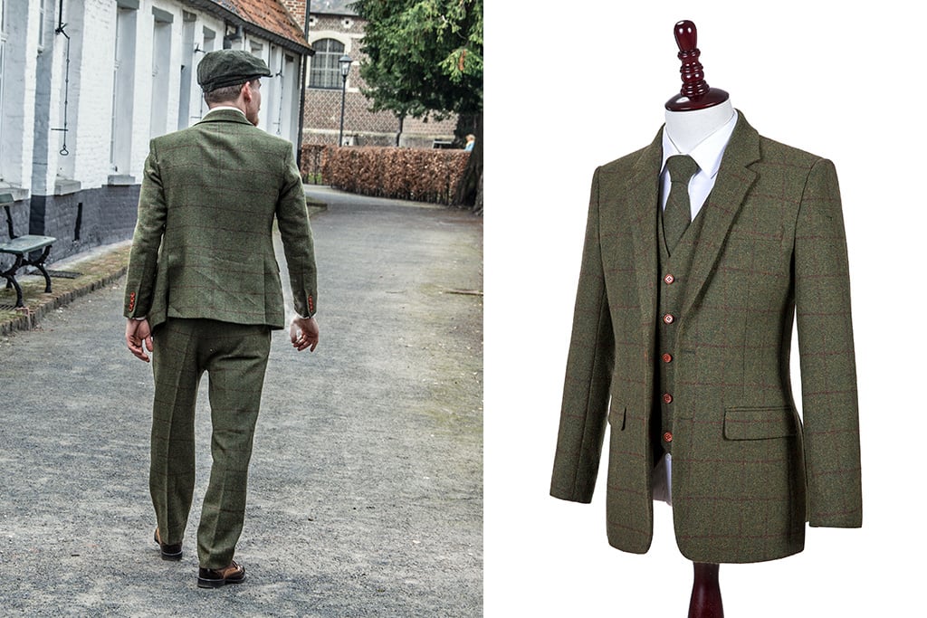 3-piece tweed suit Olive Green Windowpane