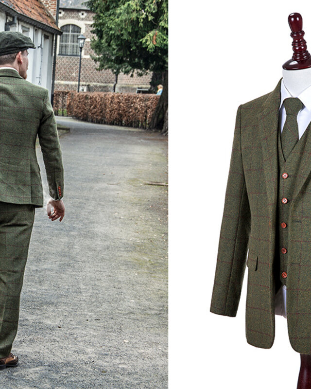 Traje sastre hombre | Traje 3 piezas | Verde oliva Windowpane tweed | Michael Gray | Peaky Blinders