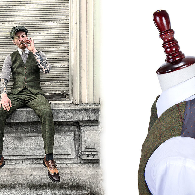 Costume sur mesure pour homme | costume 3 pièces | tweed Windowpane vert olive | Michael Gray | Peaky Blinders