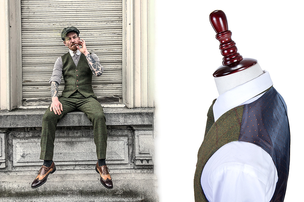 Costume sur mesure pour homme | costume 3 pièces | tweed Windowpane vert olive | Michael Gray | Peaky Blinders