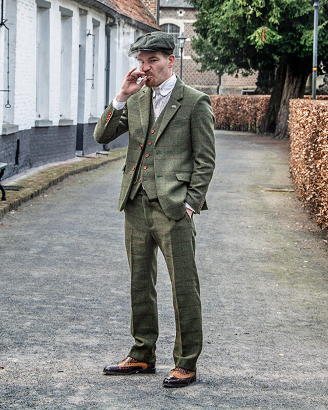 Traje sastre hombre | Traje 3 piezas | Verde oliva Windowpane tweed | Michael Gray | Peaky Blinders