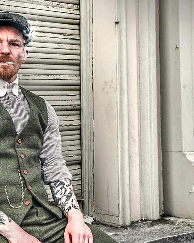 Traje sastre hombre | Traje 3 piezas | Verde oliva Windowpane tweed | Michael Gray | Peaky Blinders