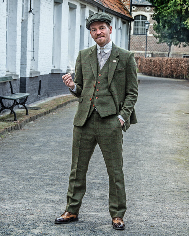 Traje sastre hombre | Traje 3 piezas | Verde oliva Windowpane tweed | Michael Gray | Peaky Blinders