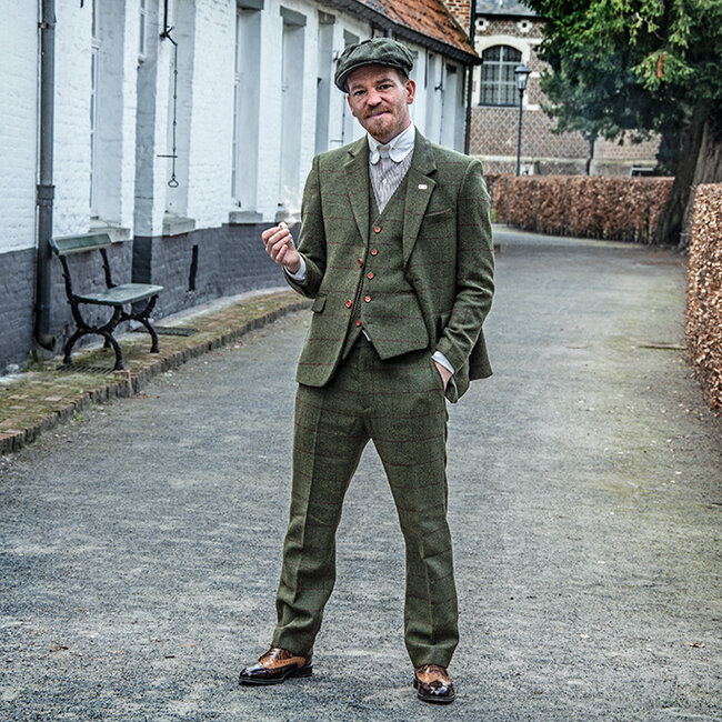 Costume sur mesure pour homme | costume 3 pièces | tweed Windowpane vert olive | Michael Gray | Peaky Blinders