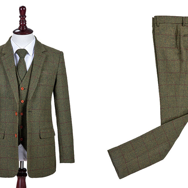 Herren Maßanzug | 3-teiliger Anzug | olivgrüner Windowpane Tweed | Michael Gray | Peaky Blinders