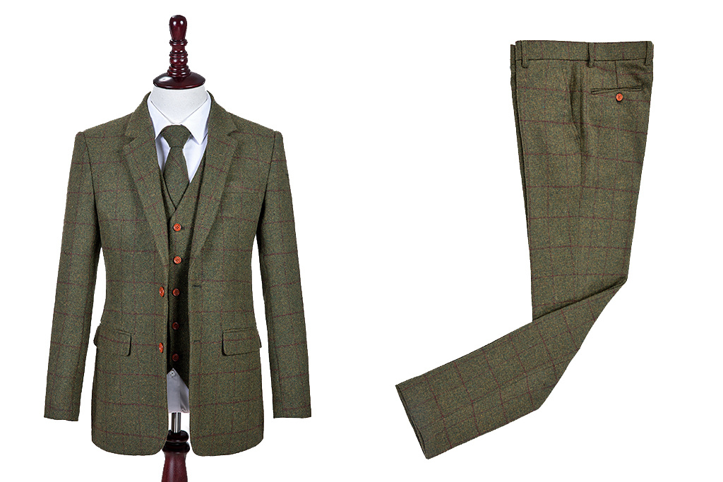 Traje sastre hombre | Traje 3 piezas | Verde oliva Windowpane tweed | Michael Gray | Peaky Blinders