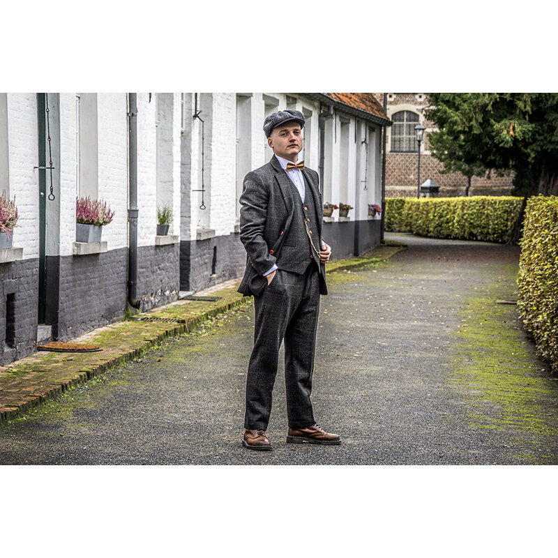Traje sastre hombre | Traje 3 piezas | Gris oscuro Windowpane tweed | Michael Gray | Peaky Blinders