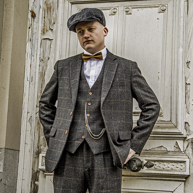 Herren Maßanzug | 3-teiliger Anzug | dunkelgrauer Windowpane Tweed | Michael Gray | Peaky Blinders