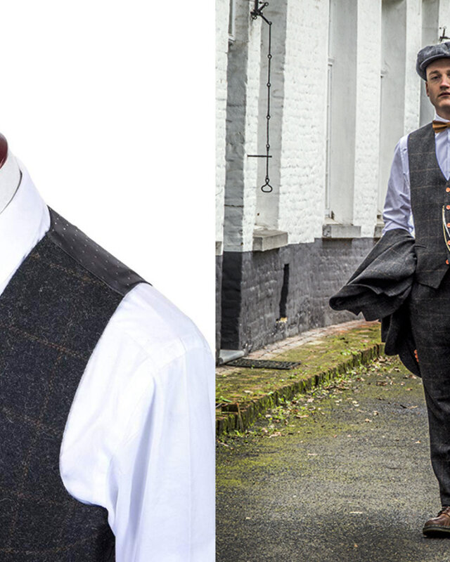 Maatpak voor heren | 3-delig pak | donkergrijs Windowpane tweed | Michael Gray | Peaky Blinders
