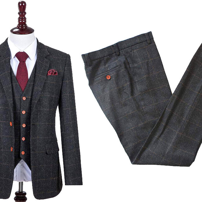 Herren Maßanzug | 3-teiliger Anzug | dunkelgrauer Windowpane Tweed | Michael Gray | Peaky Blinders
