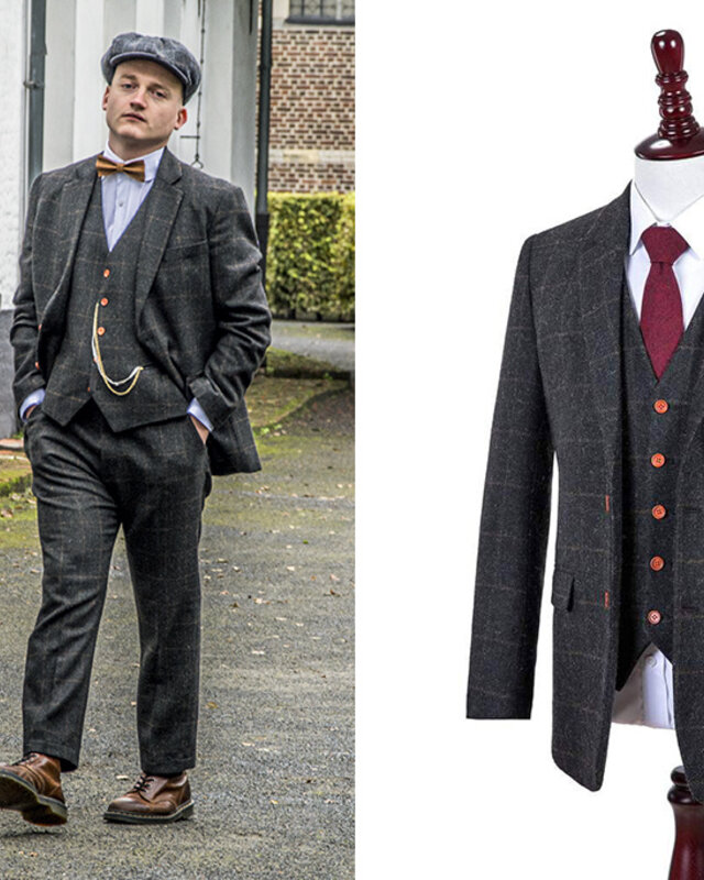 Maatpak voor heren | 3-delig pak | donkergrijs Windowpane tweed | Michael Gray | Peaky Blinders