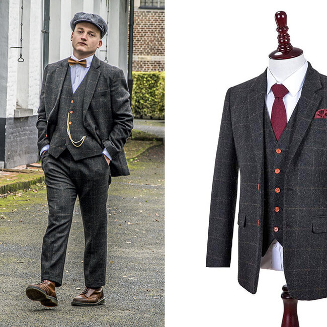 Herren Maßanzug | 3-teiliger Anzug | dunkelgrauer Windowpane Tweed | Michael Gray | Peaky Blinders