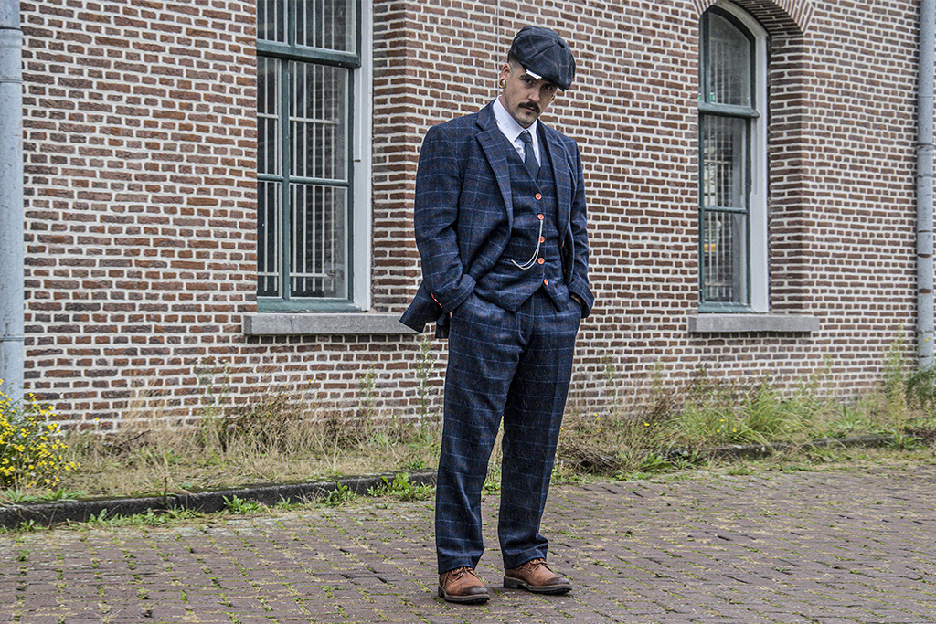 Traje de tweed de 3 piezas Sarga de cuadros Azul Marino