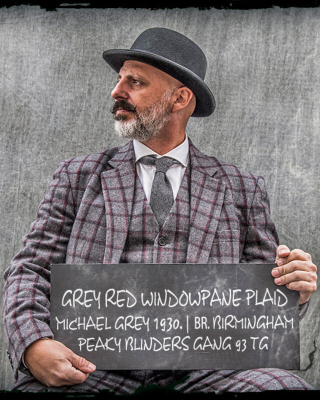 Maatpak voor heren | 3-delig pak | grijs/rood Windowpane | Michael Gray | Peaky Blinders