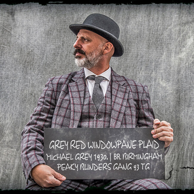 Herren Maßanzug | 3-teiliger Anzug | grau/rot Windowpane | Michael Gray | Peaky Blinders