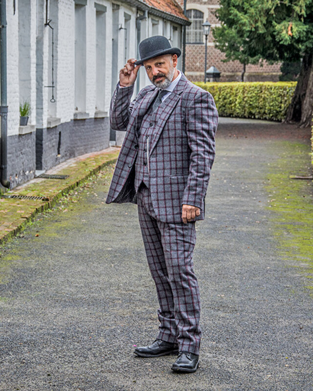 Maatpak voor heren | 3-delig pak | grijs/rood Windowpane | Michael Gray | Peaky Blinders