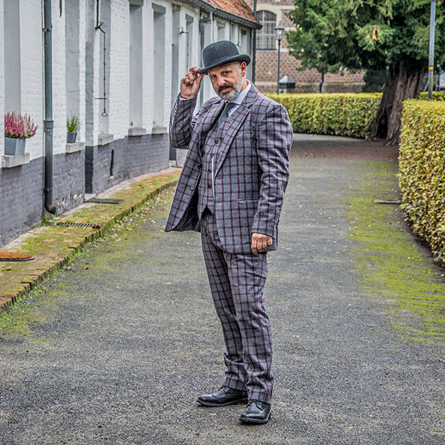 Herren Maßanzug | 3-teiliger Anzug | grau/rot Windowpane | Michael Gray | Peaky Blinders