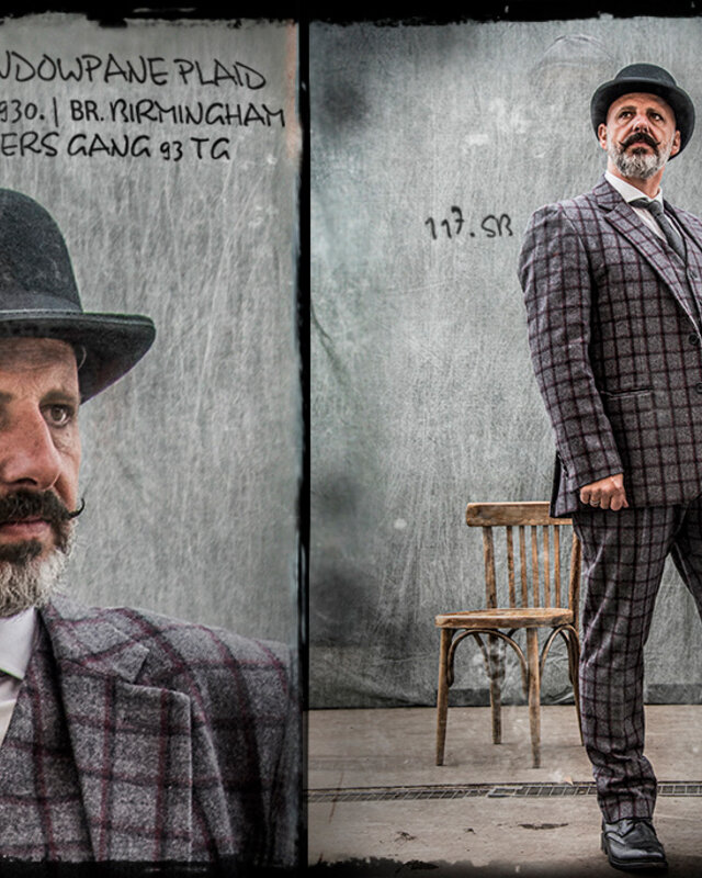 Maatpak voor heren | 3-delig pak | grijs/rood Windowpane | Michael Gray | Peaky Blinders