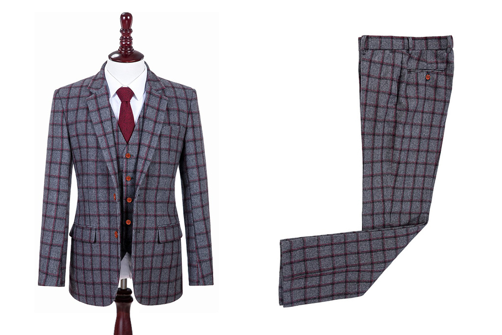 3-piece suit Grey & Red Windowpane Tweed