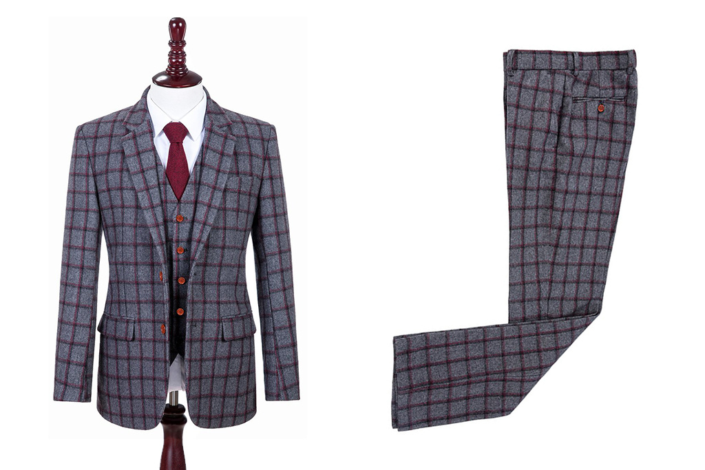 3-teiliger Anzug Grau & Rot Fensterglas Tweed