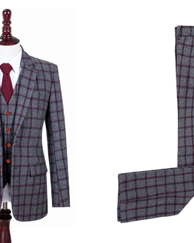 Maatpak voor heren | 3-delig pak | grijs/rood Windowpane | Michael Gray | Peaky Blinders