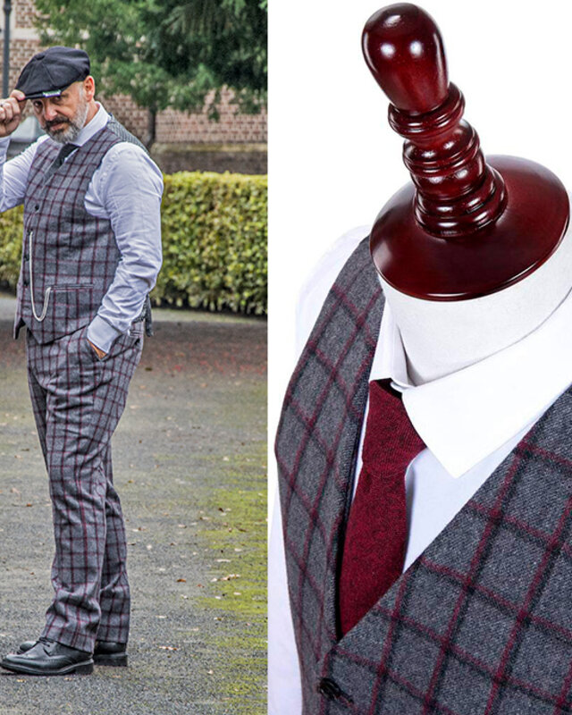 Maatpak voor heren | 3-delig pak | grijs/rood Windowpane | Michael Gray | Peaky Blinders