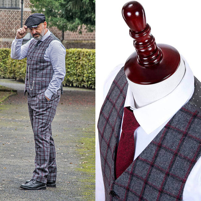Herren Maßanzug | 3-teiliger Anzug | grau/rot Windowpane | Michael Gray | Peaky Blinders