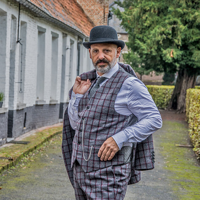 Herren Maßanzug | 3-teiliger Anzug | grau/rot Windowpane | Michael Gray | Peaky Blinders