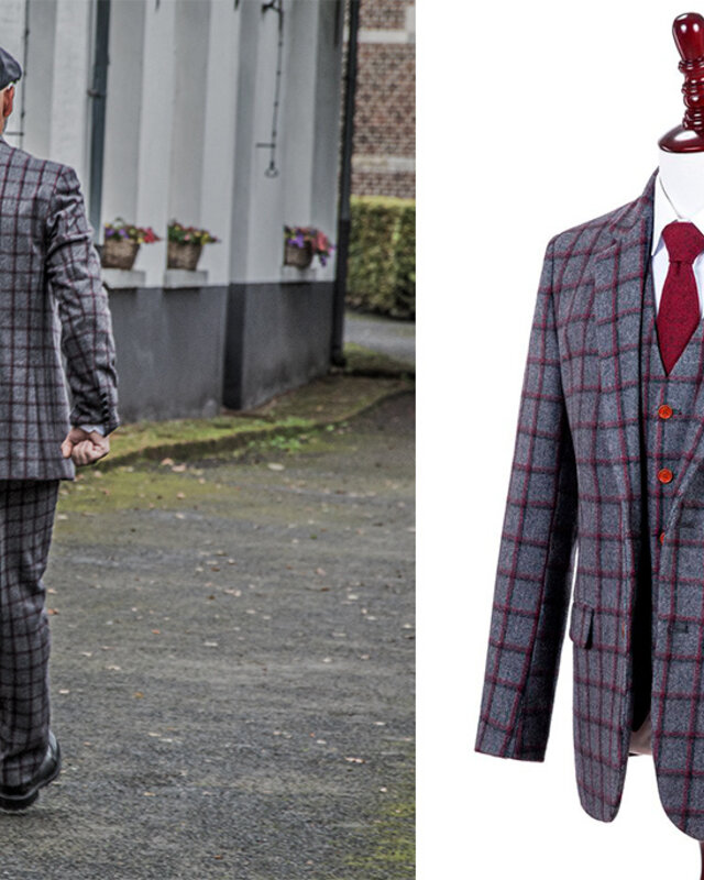 Maatpak voor heren | 3-delig pak | grijs/rood Windowpane | Michael Gray | Peaky Blinders