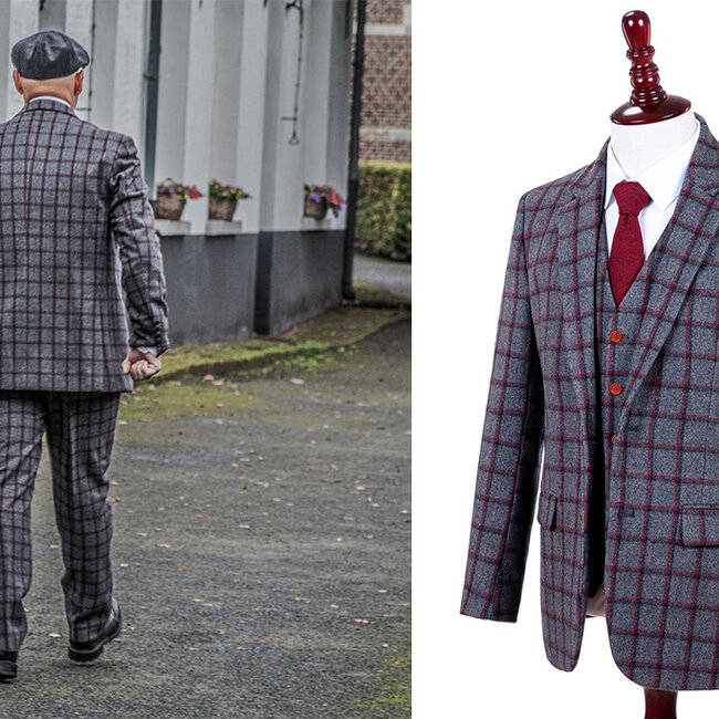 Herren Maßanzug | 3-teiliger Anzug | grau/rot Windowpane | Michael Gray | Peaky Blinders