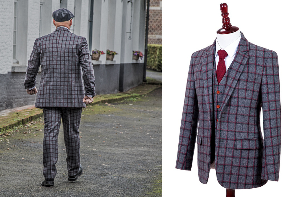 Traje de 3 piezas de tweed de ventana gris y rojo