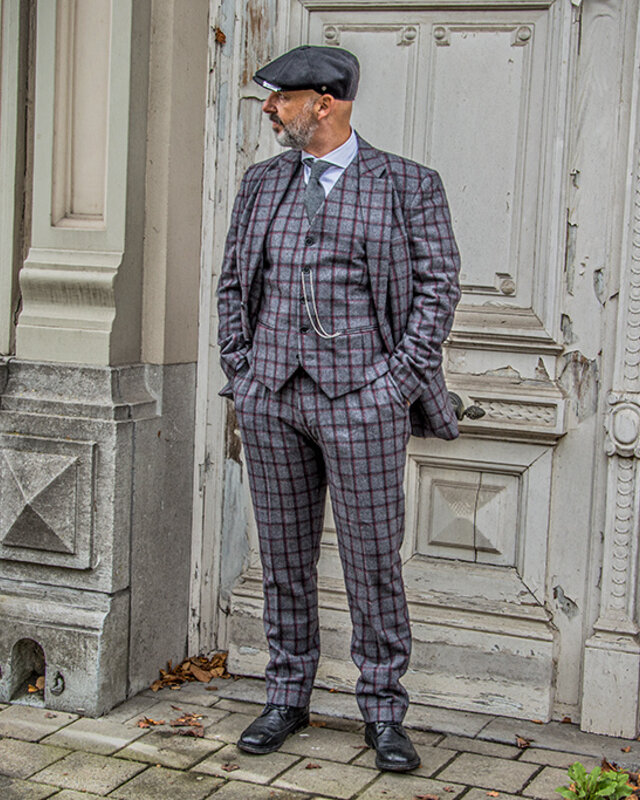 Maatpak voor heren | 3-delig pak | grijs/rood Windowpane | Michael Gray | Peaky Blinders