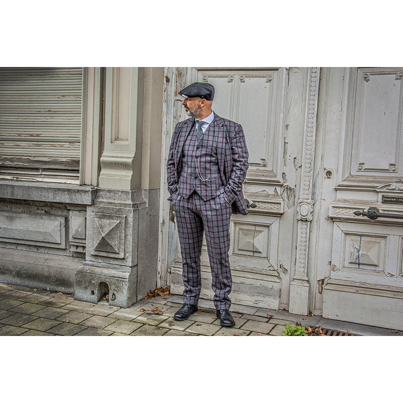 Maatpak voor heren | 3-delig pak | grijs/rood Windowpane | Michael Gray | Peaky Blinders