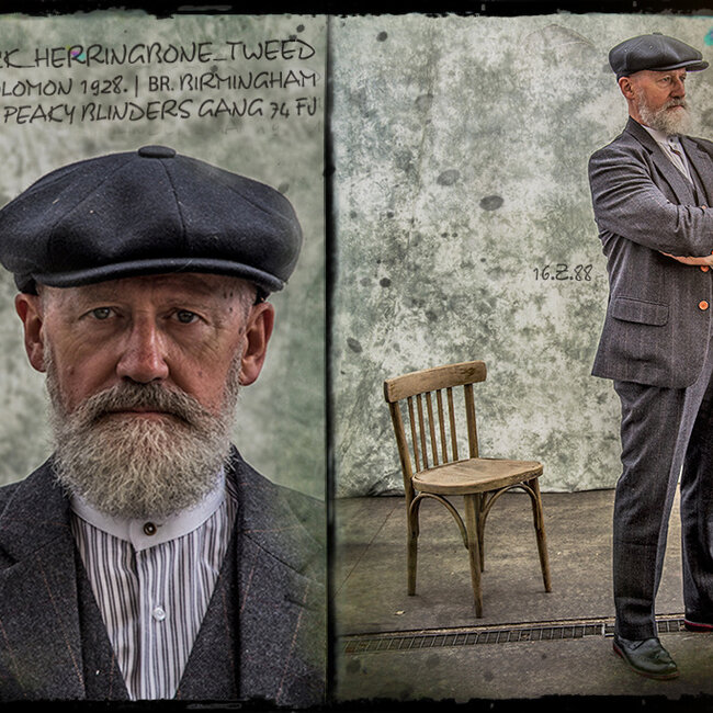Herren-Maßanzug | 3-teiliger Anzug | schwarzes Fischgrätenmuster | Alfie Solomons | Peaky Blinders