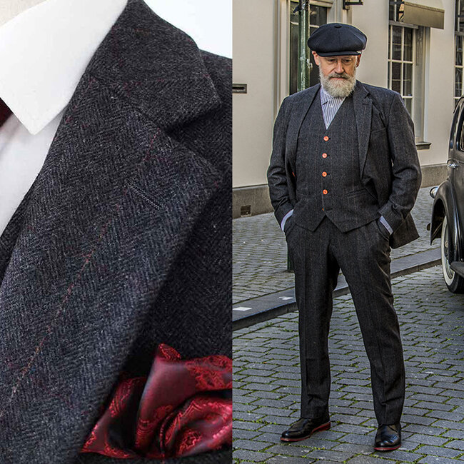 Herren-Maßanzug | 3-teiliger Anzug | schwarzes Fischgrätenmuster | Alfie Solomons | Peaky Blinders