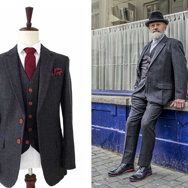 Traje sastre hombre | Traje 3 piezas | Espiga negro | Alfie Solomons | Peaky Blinders