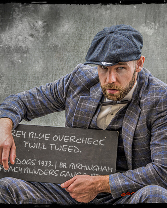 Herren Maßanzug | 3-teiliger Anzug | grau/blauer Overcheck Twill | Johnny Dogs | Peaky Blinders