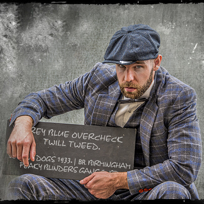 Herren Maßanzug | 3-teiliger Anzug | grau/blauer Overcheck Twill | Johnny Dogs | Peaky Blinders