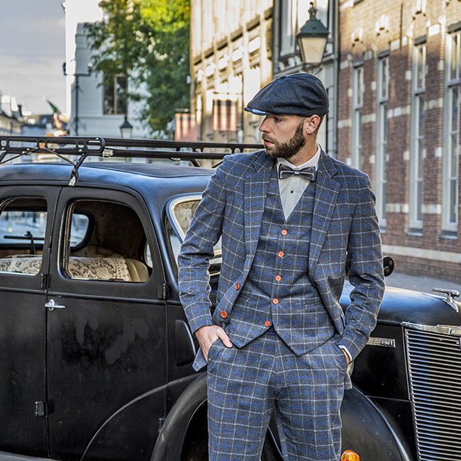 Herren Maßanzug | 3-teiliger Anzug | grau/blauer Overcheck Twill | Johnny Dogs | Peaky Blinders