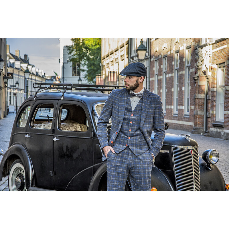 Herren Maßanzug | 3-teiliger Anzug | grau/blauer Overcheck Twill | Johnny Dogs | Peaky Blinders