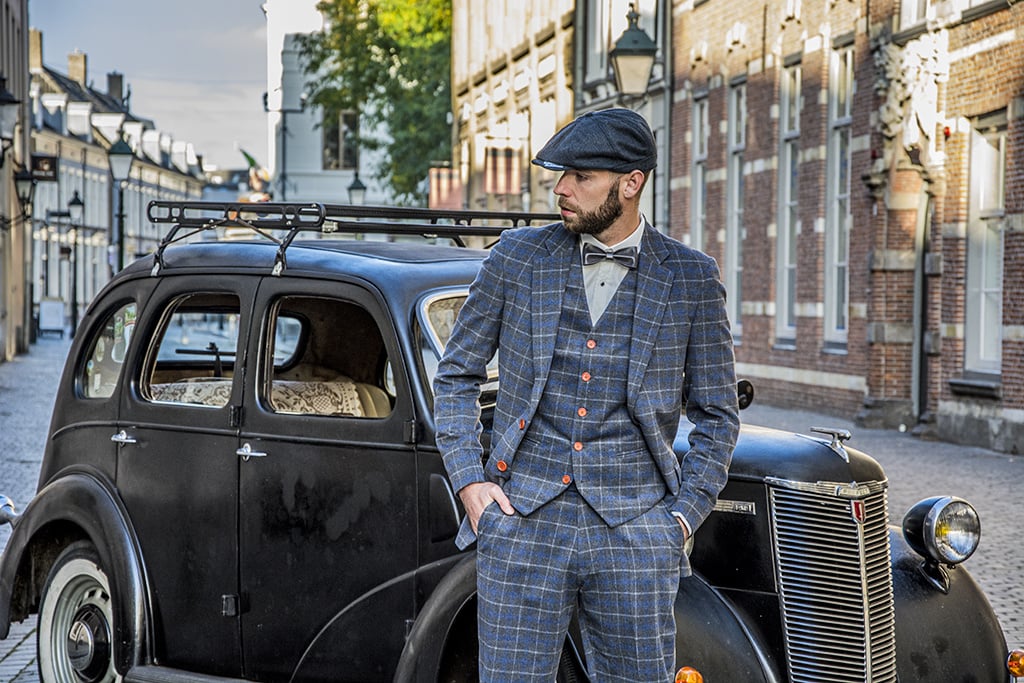 Maatpak Voor Heren | 3-delig Pak | Grijs/blauw Overcheck Twill | Johnny Dogs | Peaky Blinders | Peaky Blinders