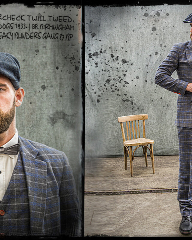 Traje sastre hombre | Traje 3 piezas | Gris/Azul Overcheck Twill | Johnny Dogs | Peaky Blinders